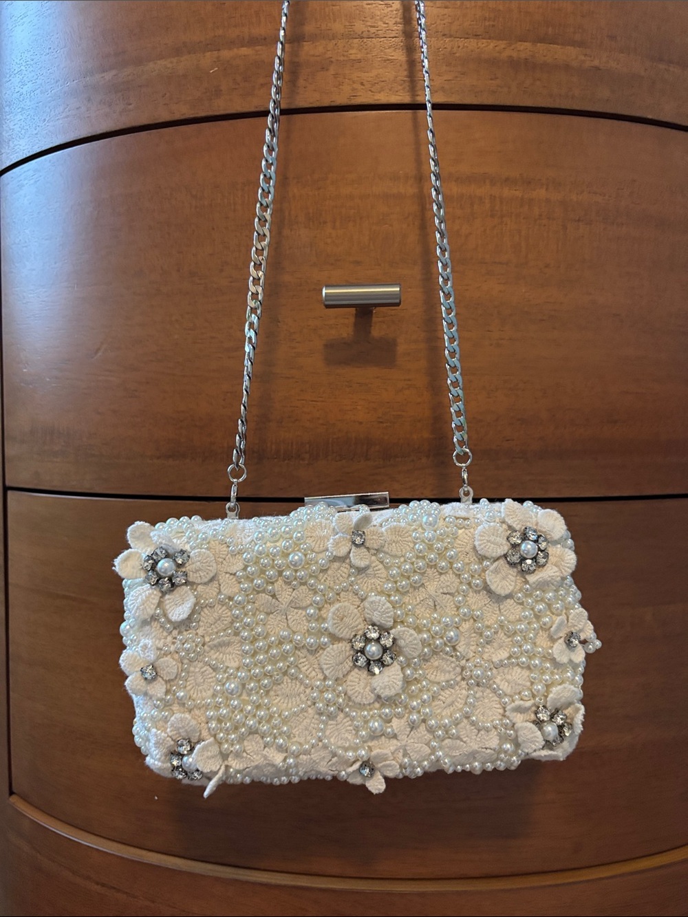 Olga Berg Beaded Floral Evening Clutch Bag in Cream from Revolve